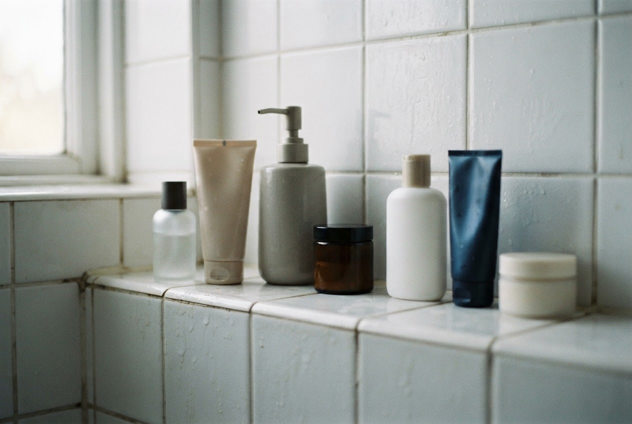 Personal-care bottles on a bathroom shelf