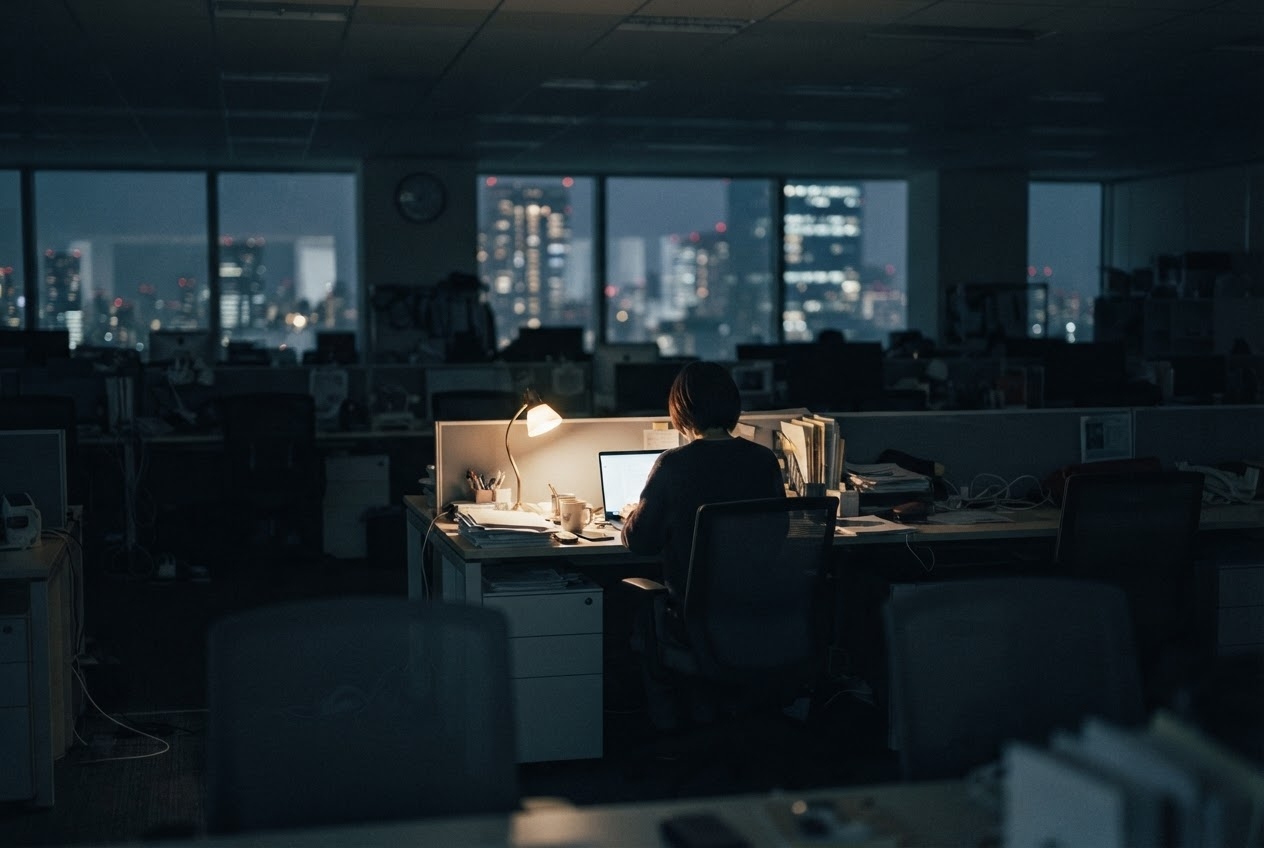 One lit desk in a dark office floor