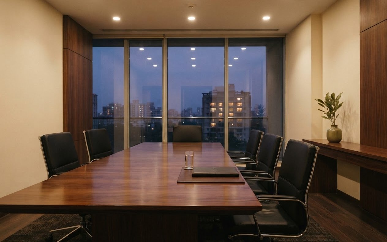 A boardroom at dusk