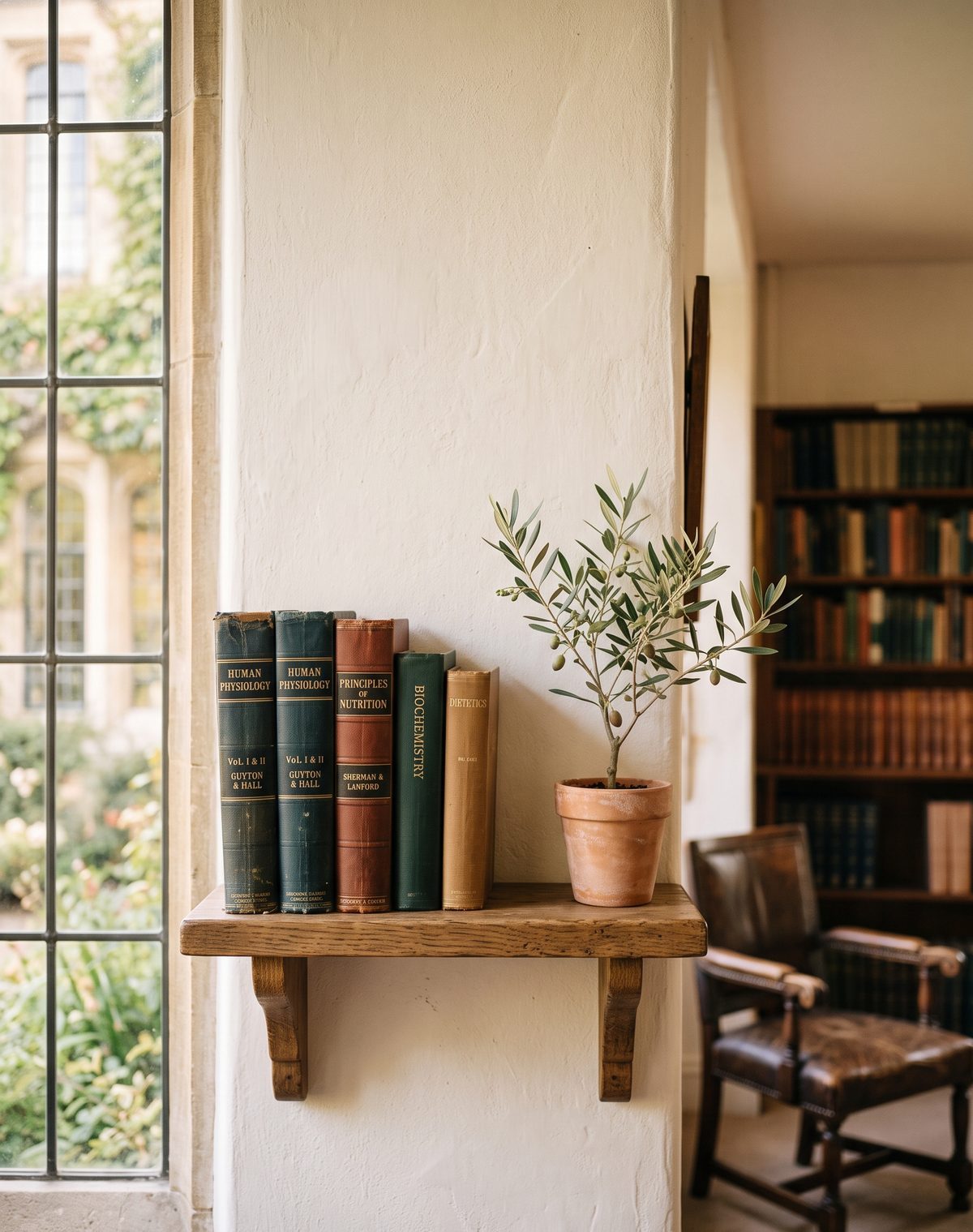 Medical books on a shelf beside a window