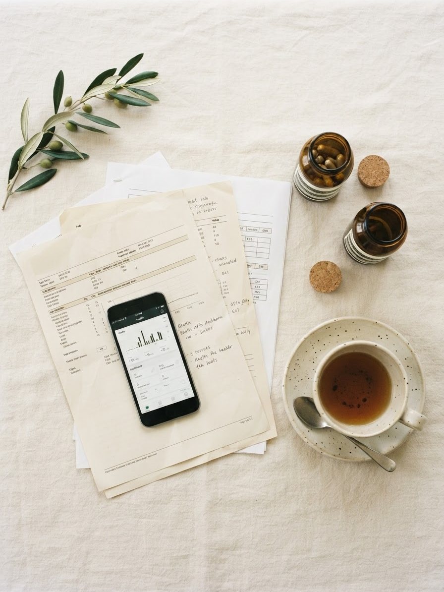 Laboratory reports and a cup of tea on a table
