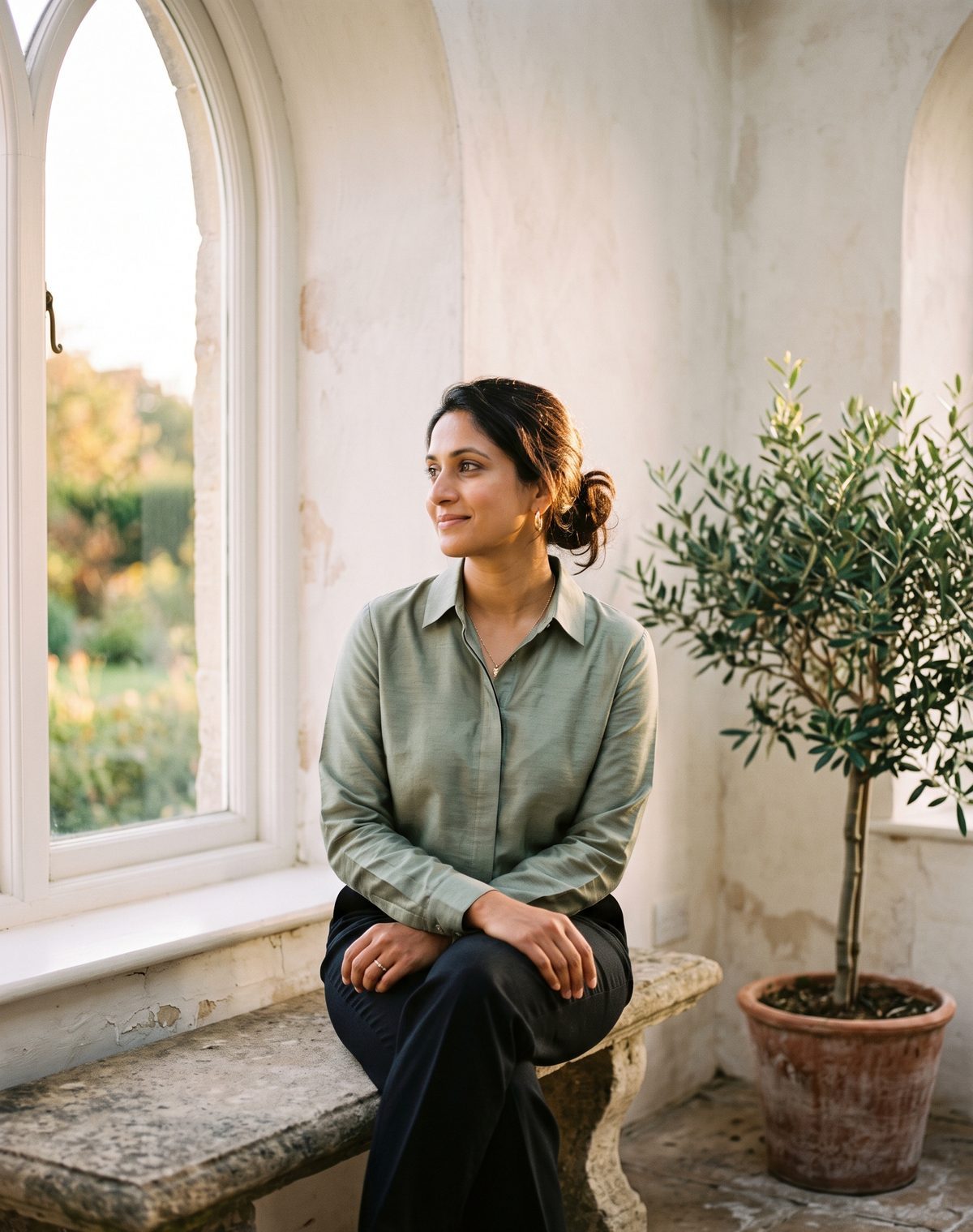 A woman seated by a window